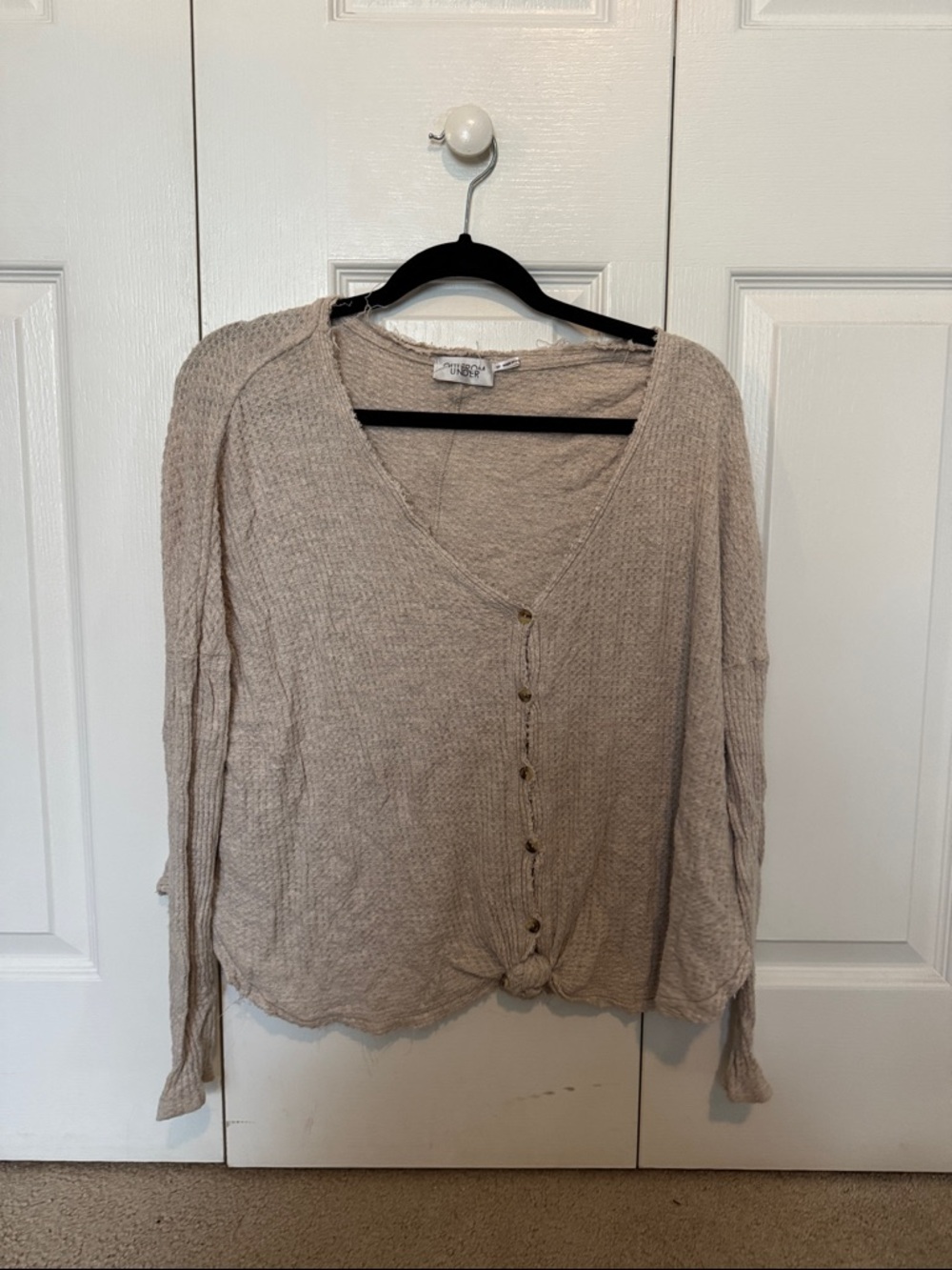 Textured Button-Front Knit Top in Taupe